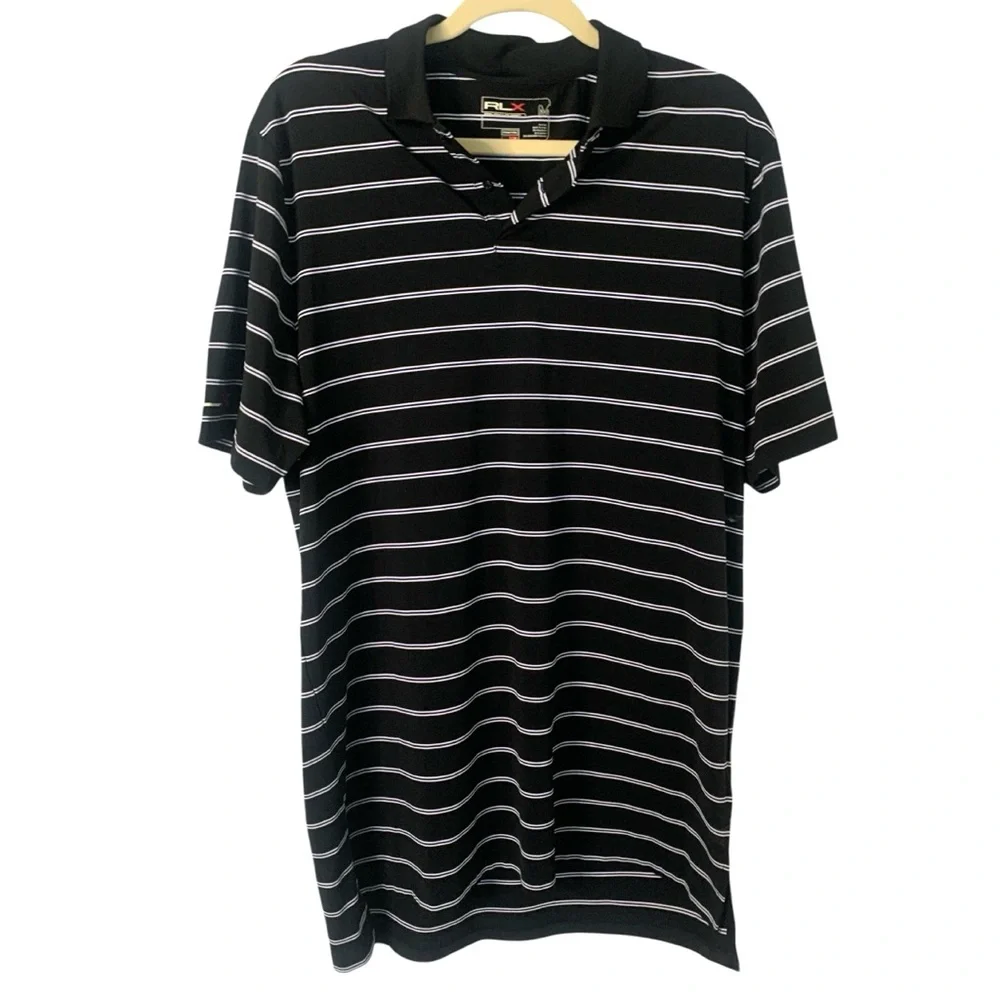 RLX Ralph Lauren Men’s Medium Black Striped Collared Casual Golf Polo Shirt